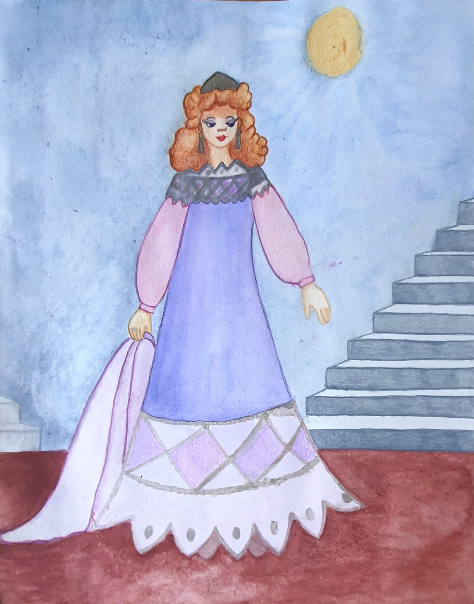 Beautiful tsarina of pre-petrine era, redhaired, with silver kokoshnik, in lilac and pink gown. Staircase. Moonlight.