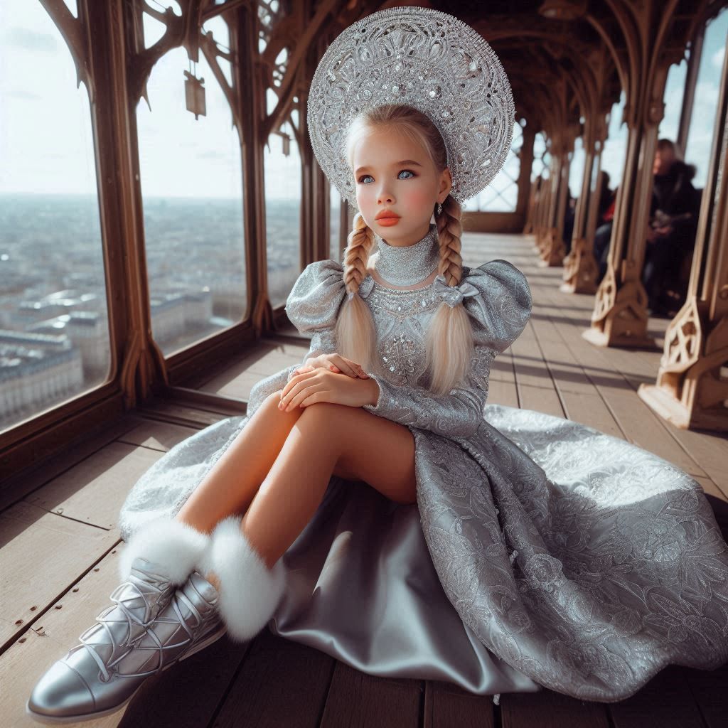 Beautiful tsarina Evdokija with dark long braids, silver sarafan, kokoshnik and veil, sitting on iron tower.