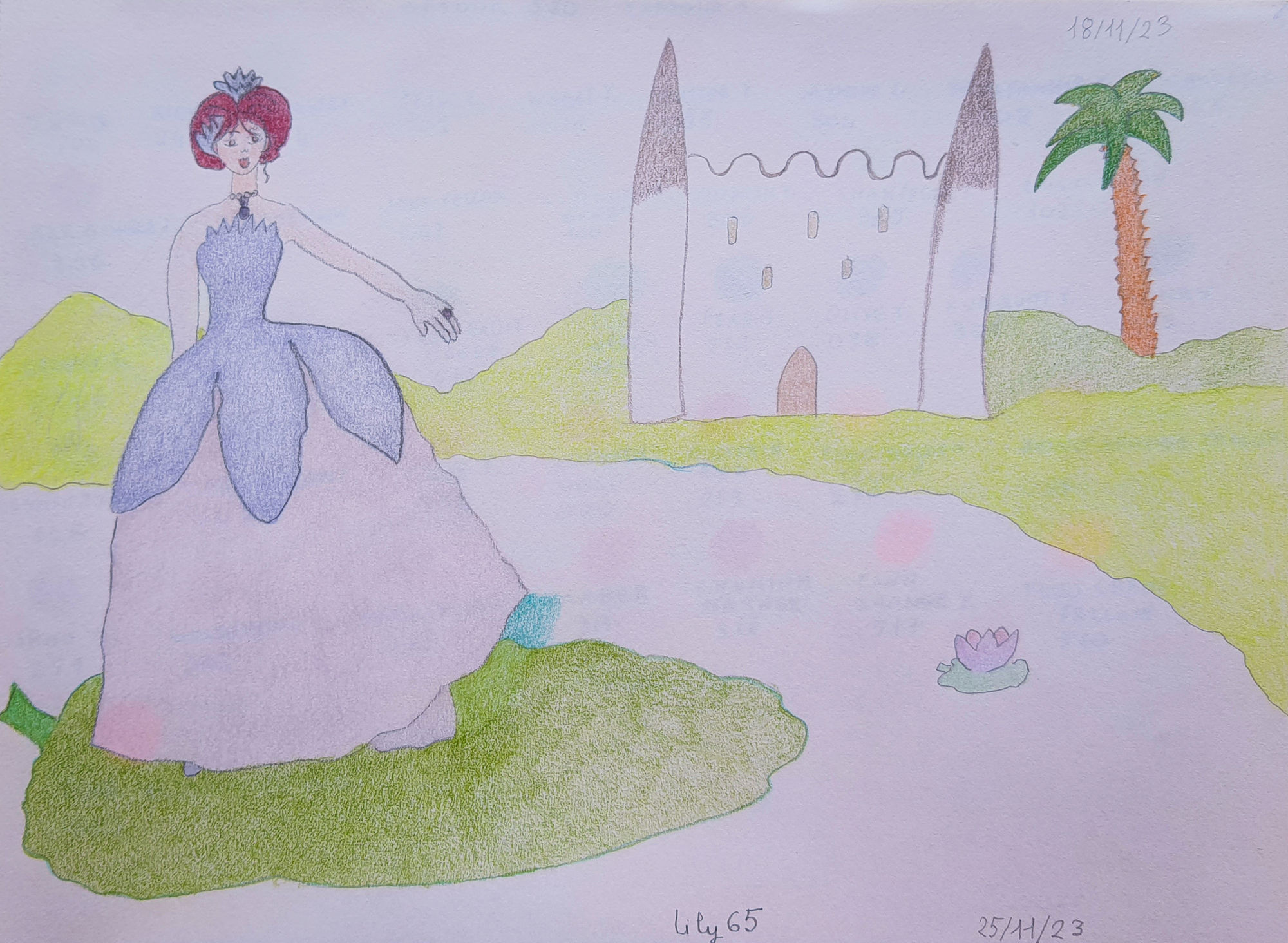 Beautiful princess in a sumptous lace gown, sitting on a leaf in the water of a lake, with red-violet hair tied up. Golden castle. Lotus. Le...