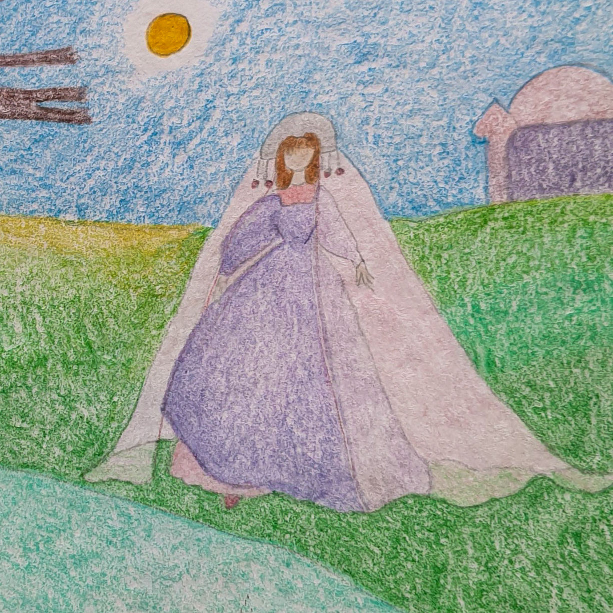Young beautiful tall and thin tsarina of pre-petrine era,full-figured, with red-blonde hair, pink veil,lilac gown, birch, river, spring day....