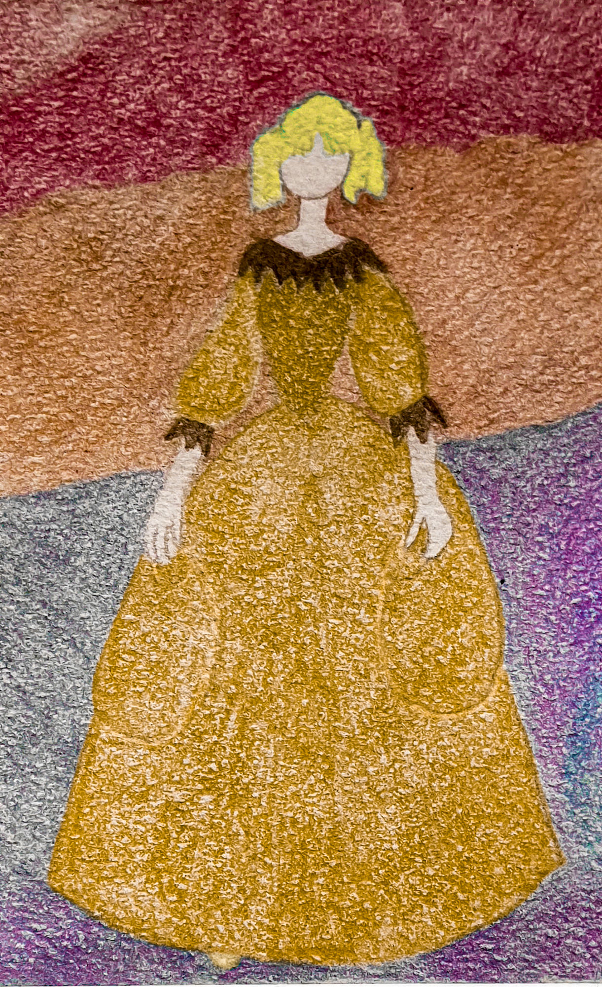 Beautiful blonde girl tall and thin, fullfigured, in sumptous gown of 1600 era. Baroque. color corrected.