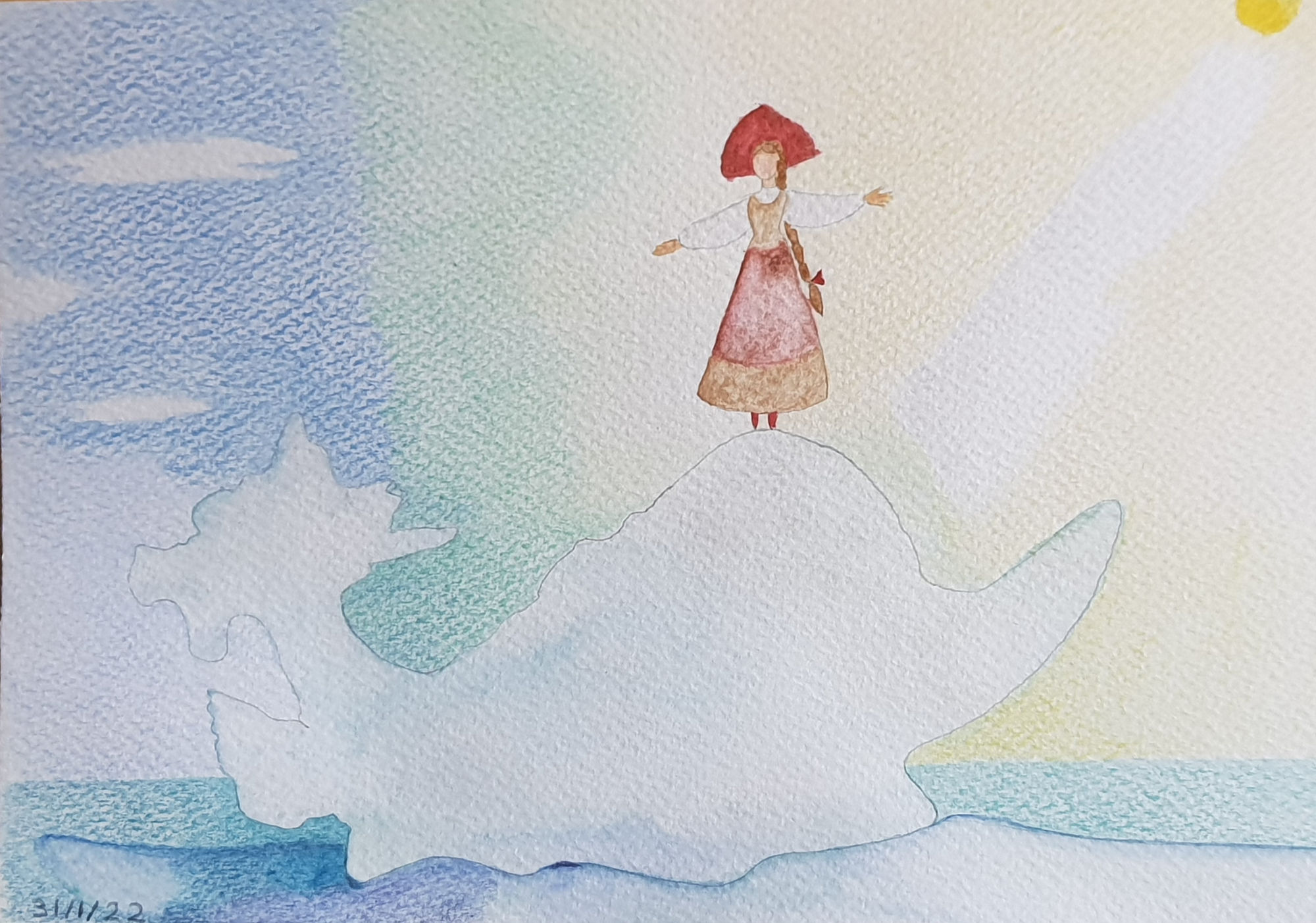 Blonde girl in red kokoshnik and red sarafan dancing on ice dragon in arctic sea. Northern lights. 