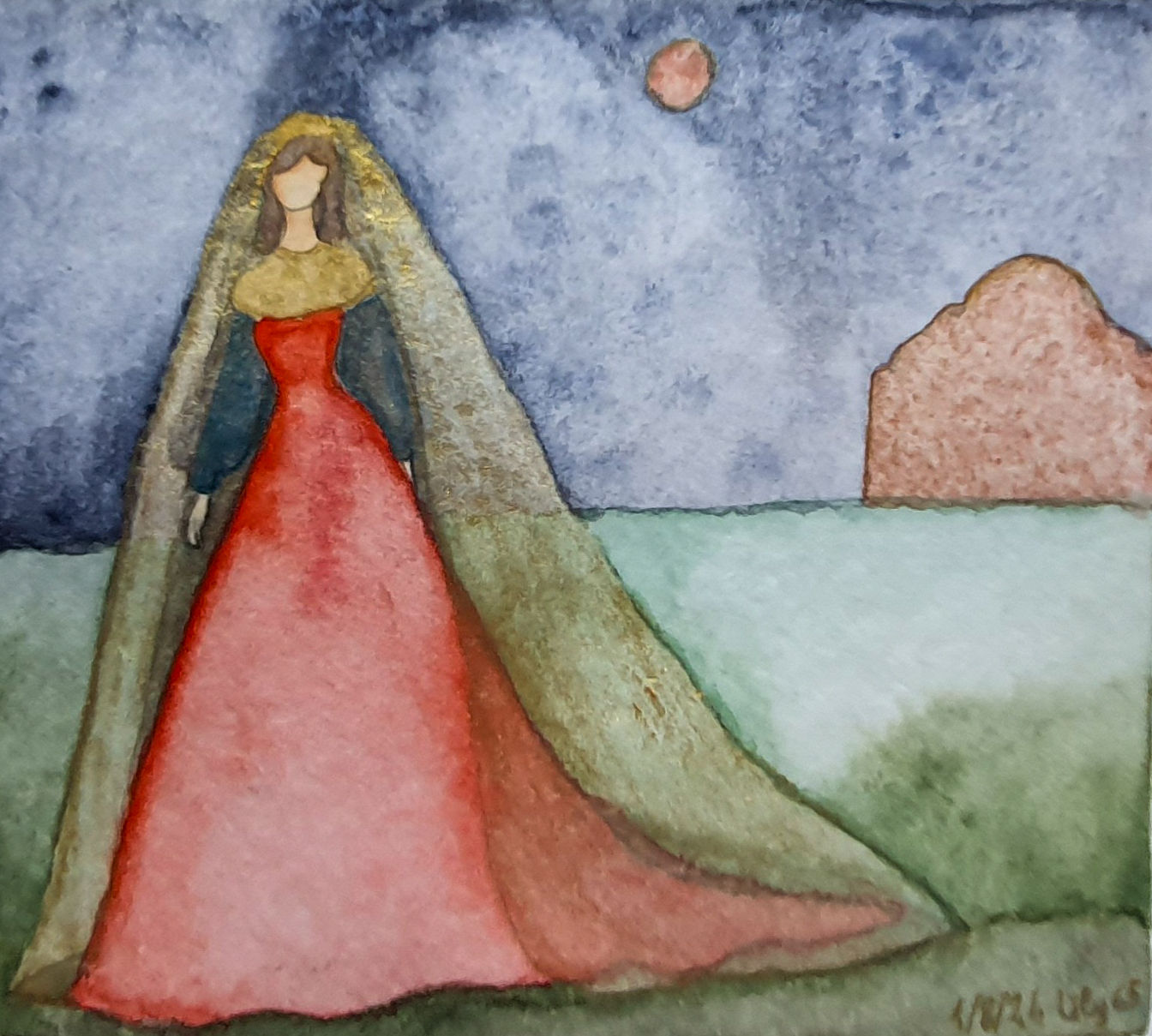 Beautiful girl fullfigured in scarlet sarafan, golden tiara and veil, blue sleeves, brown braids, in tundra, starry night, moon, castle. 