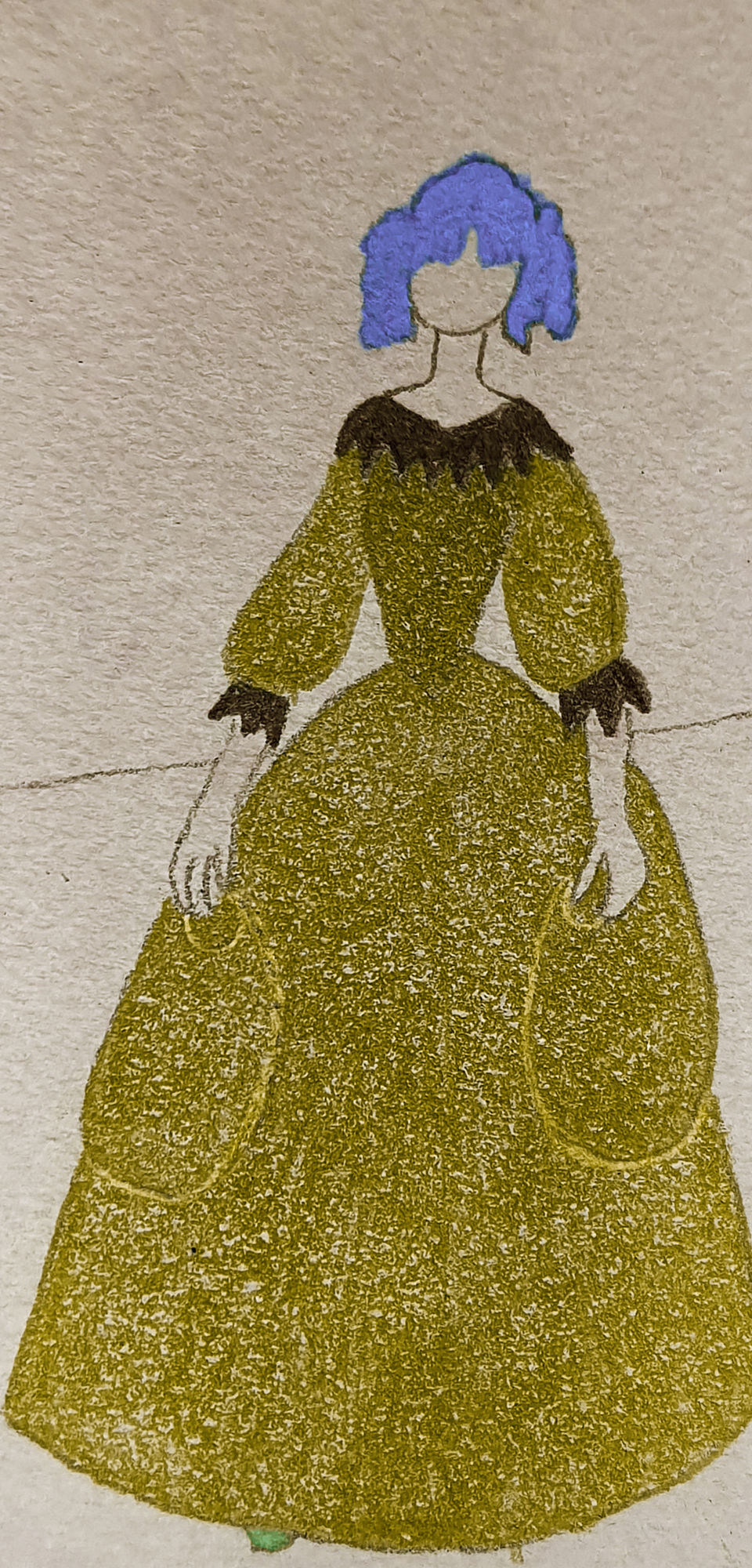 Beautiful girl fullfigured in 1625 era, with lavender hair, golden gown, black lace.