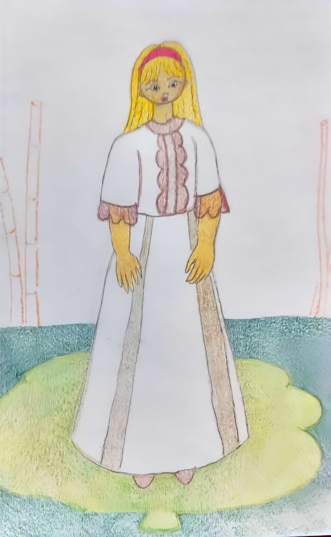 Bambina di 10 anni in piedi su una foglia di ninfea nell' acqua di uno stagno circondato da giunchi. volumetric lighting color corrected sha...