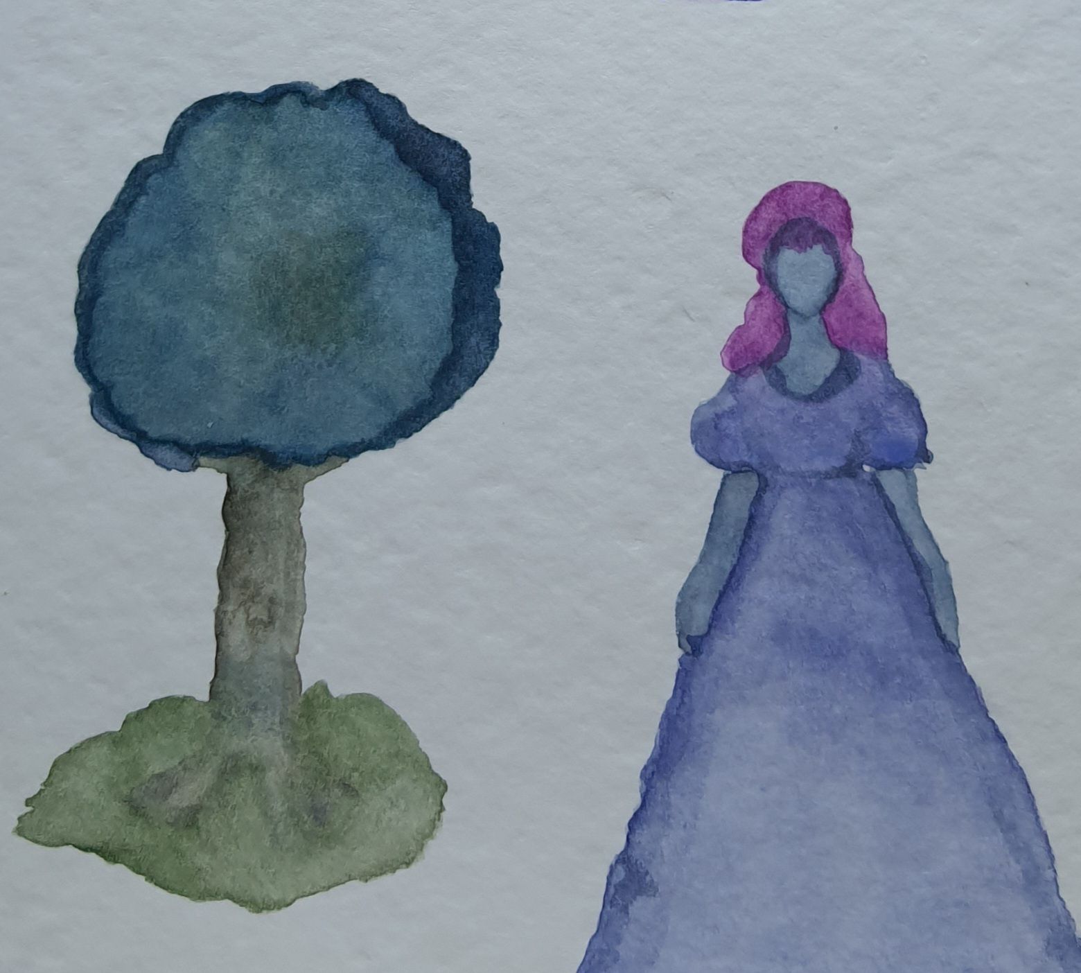 Pine trees in a park. A beautiful black girl fullfigured, with purple long ringlets hair, in sumptous blue-violet gown. 