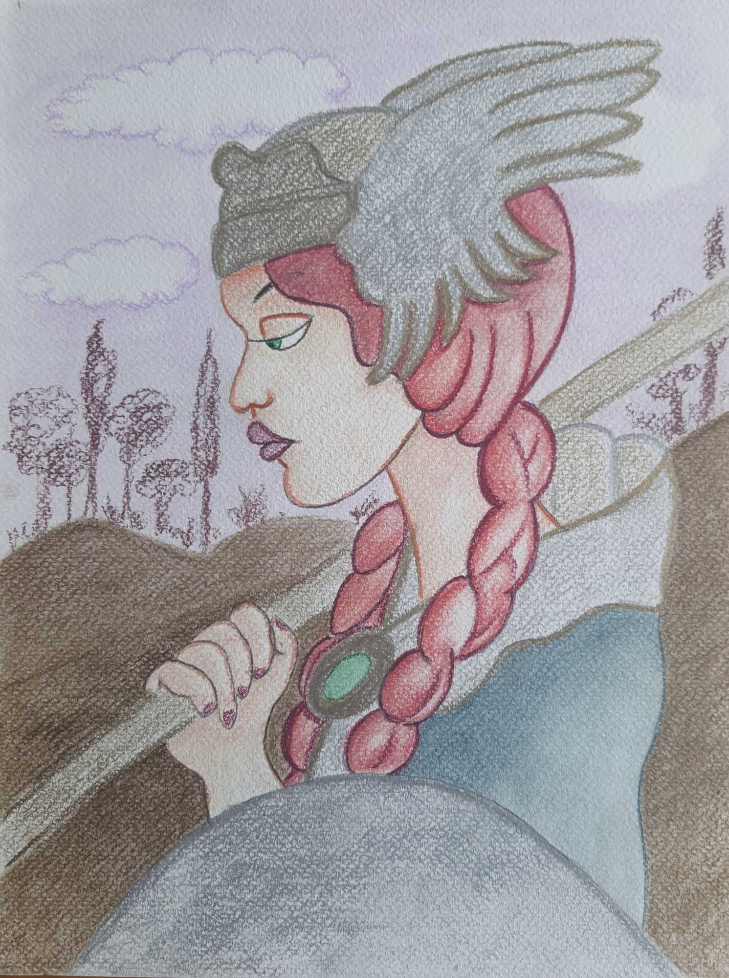 Glass sculpture of a beautiful valkyrie with pink braids,tall and thin, in silver armor. resin cast