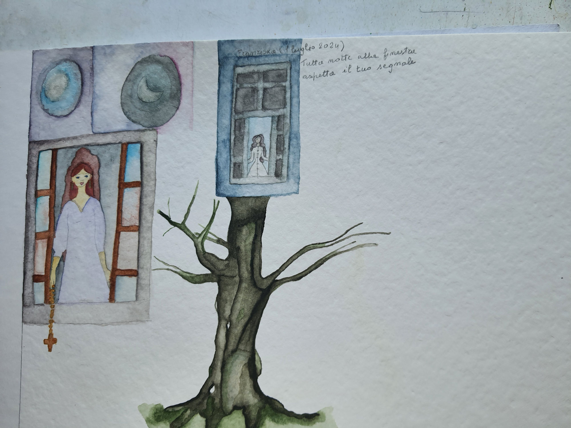 Moon. Beautiful girl at the window. Tree. Sardinia.