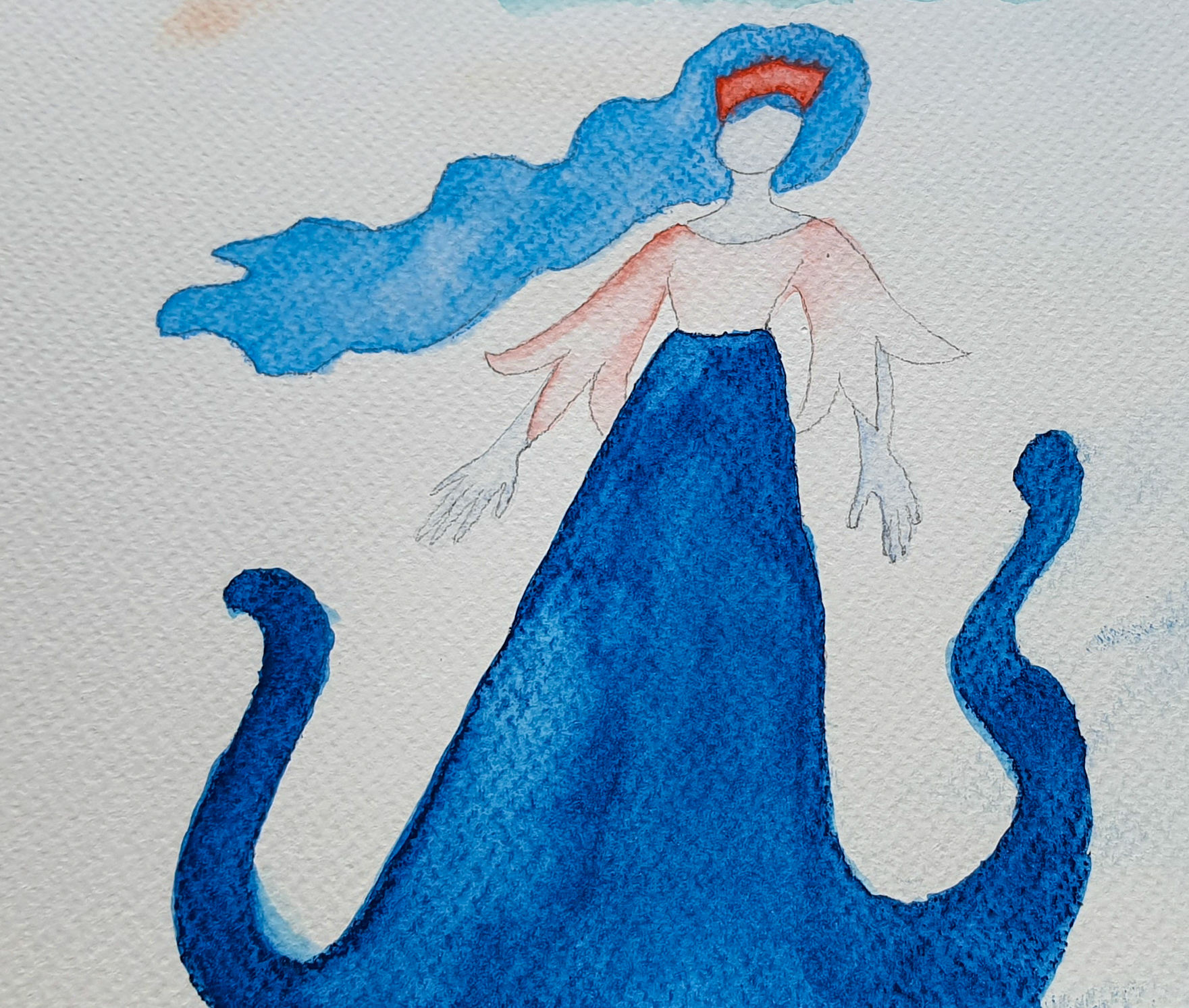 Beautiful queen of the sea. Light cobalt long hair. Octopus blue gown. Studio Ghibli