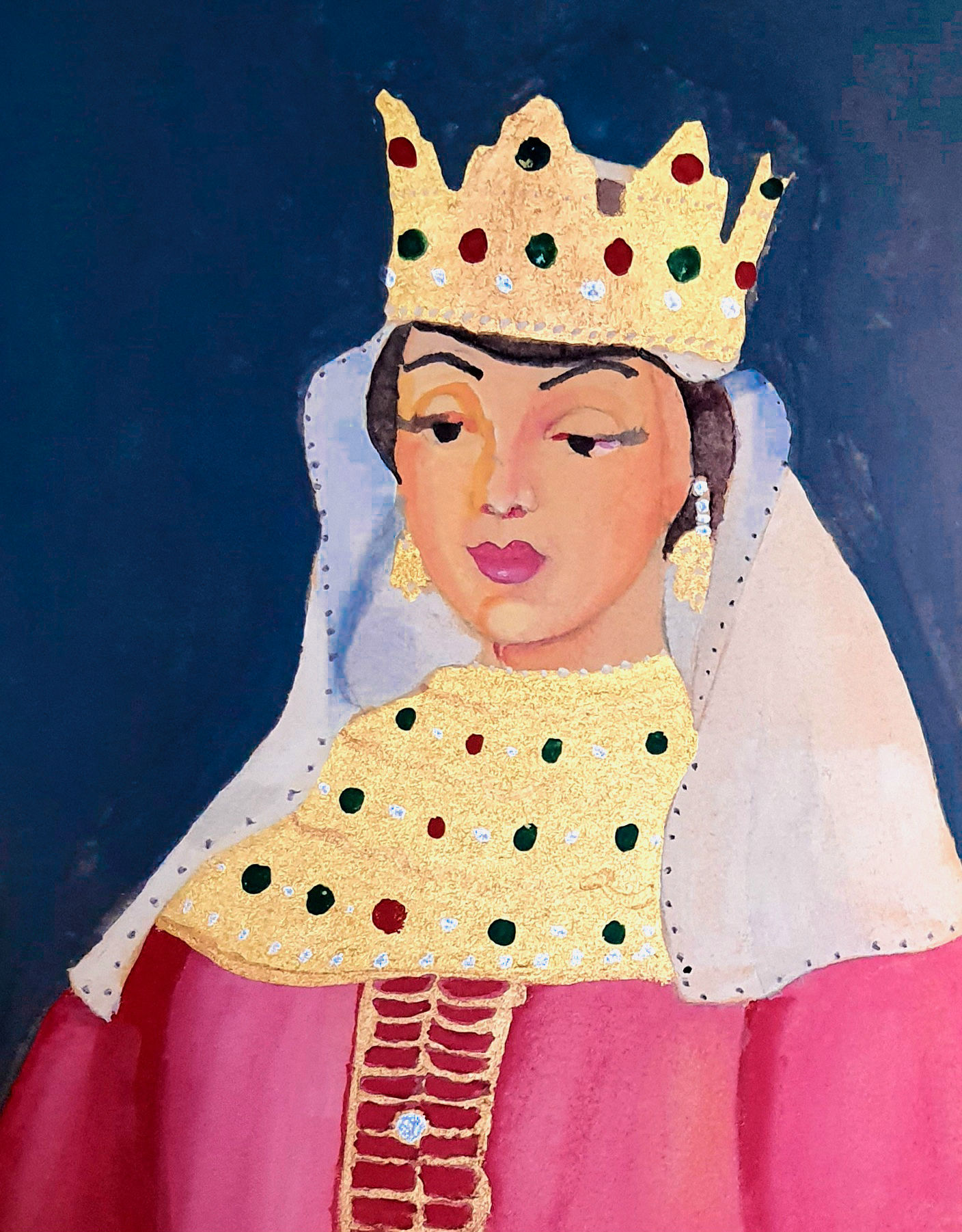 Beautiful tsarina of pre-petrine era, brownhaired, golden tiara, veil, red gown. fauvism