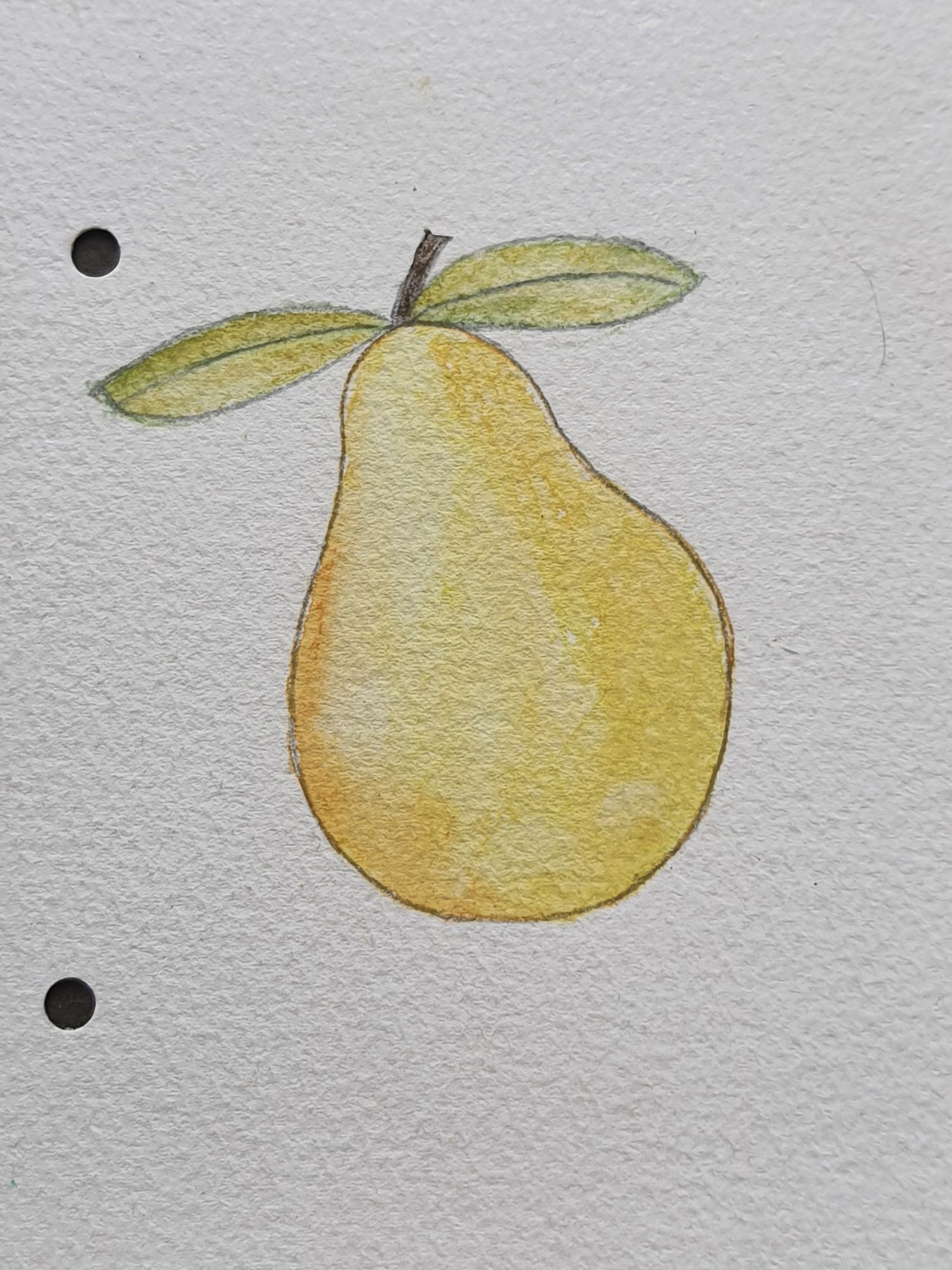 A yellow pear with two green leaves. Josephine Wall