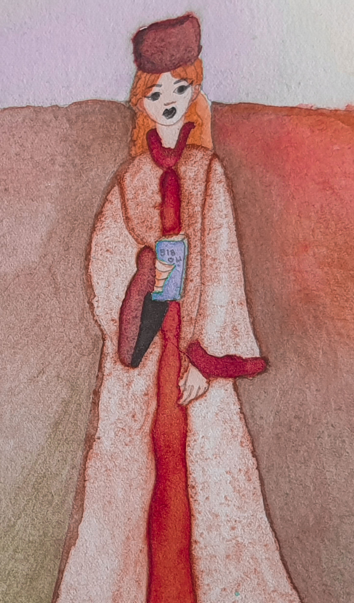 Beautiful tsarina, tall and thin,in fur coat, with fur hat, red long braids, and a Bible in her hand. Tundra. Sunrise. #film