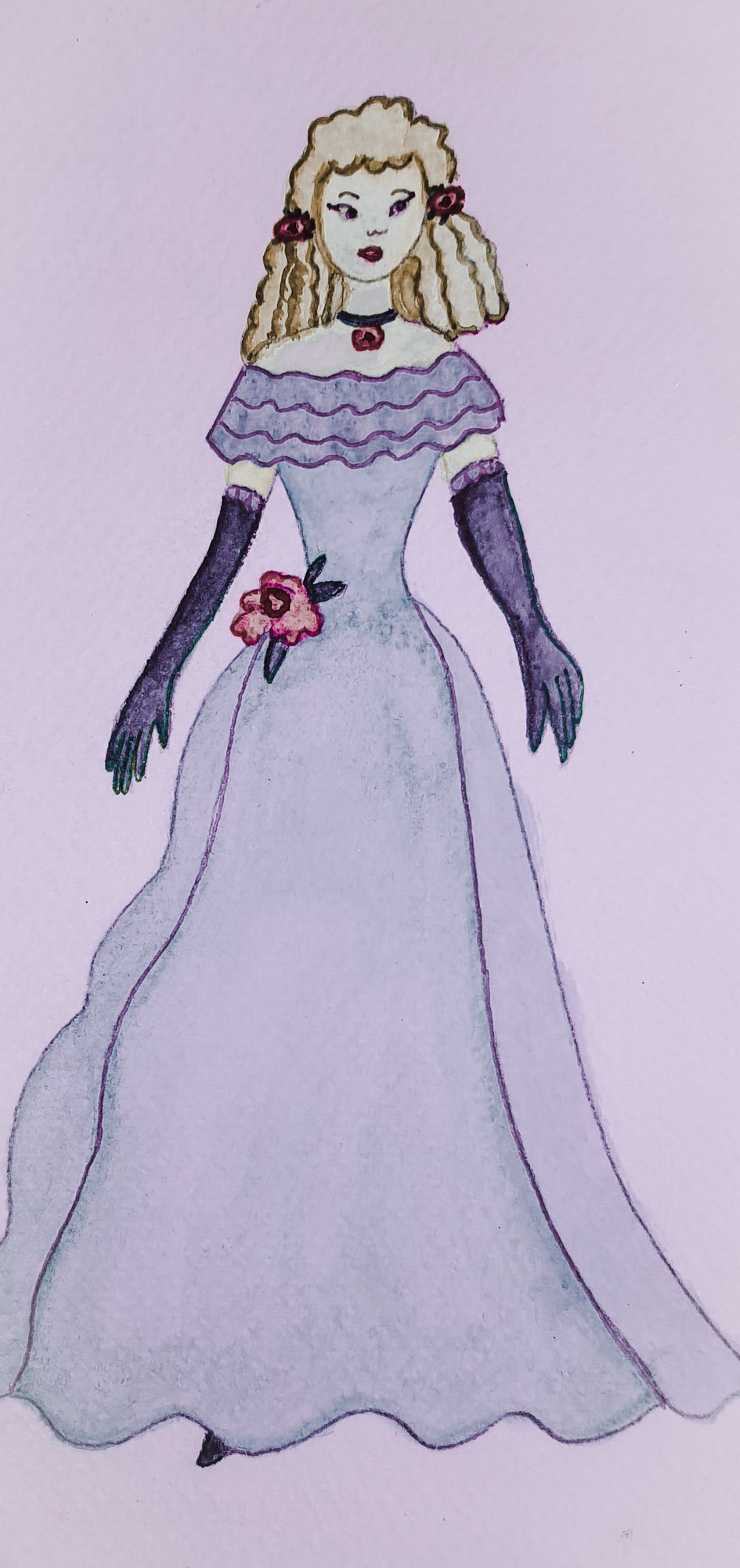 Blonde and pretty girl, tall and thin, with long  ringlets hair, purple rose in hair, lace gown, dark gloves. Garden, flowers,day. pastels