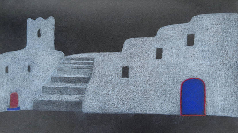 White architecture moroccan with blue doors. Starry night. pastels