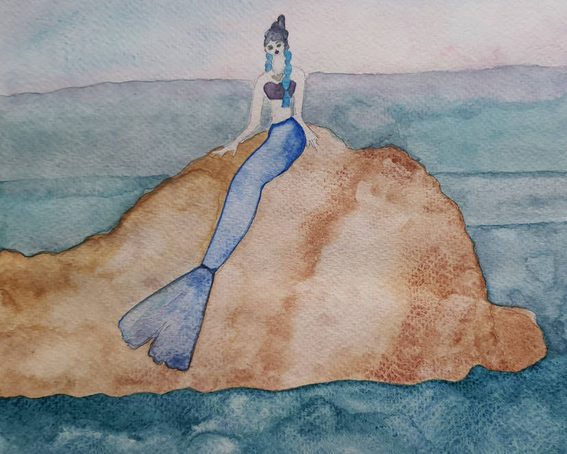 Beautiful mermaid full-figured, bluehaired, purple top, blue tide,sitting on a rock in tropical sea. Luis Royo. cool colors 