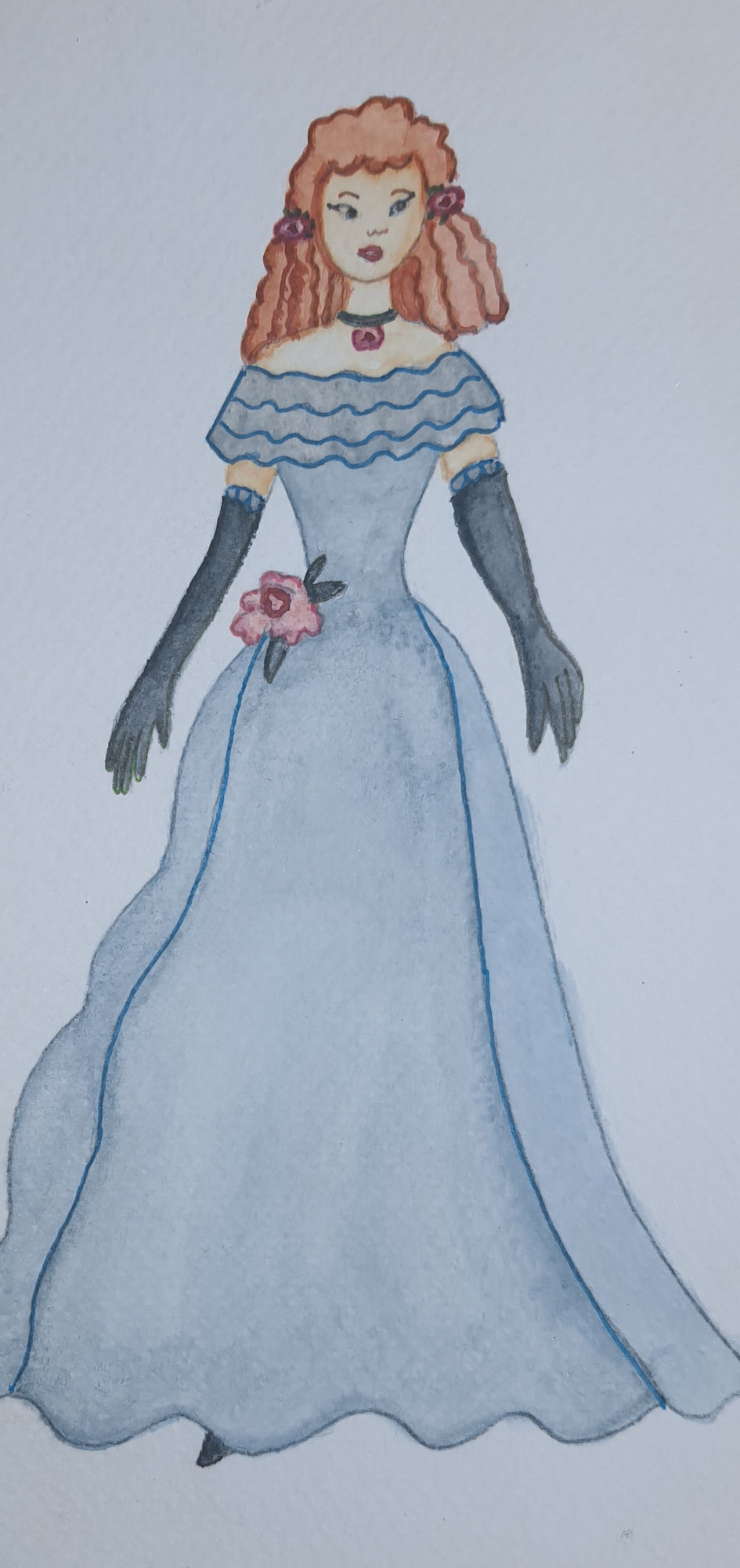 Beautiful girl with very light red long curls, in muslin light indigo lunar gown, dark indigo guado long gloves. Roses pink.