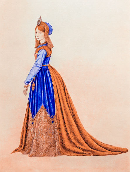 Beautiful red blond haired lady in orange and blue attire. color corrected baroque