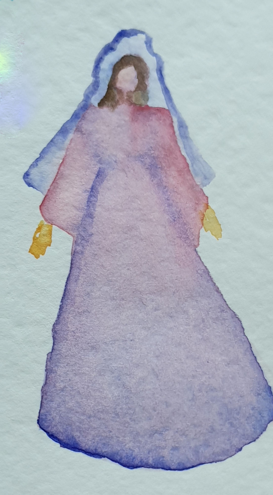 Holy Virgin Mary with brown hair, lilac veil, pink gown. color corrected baroque
