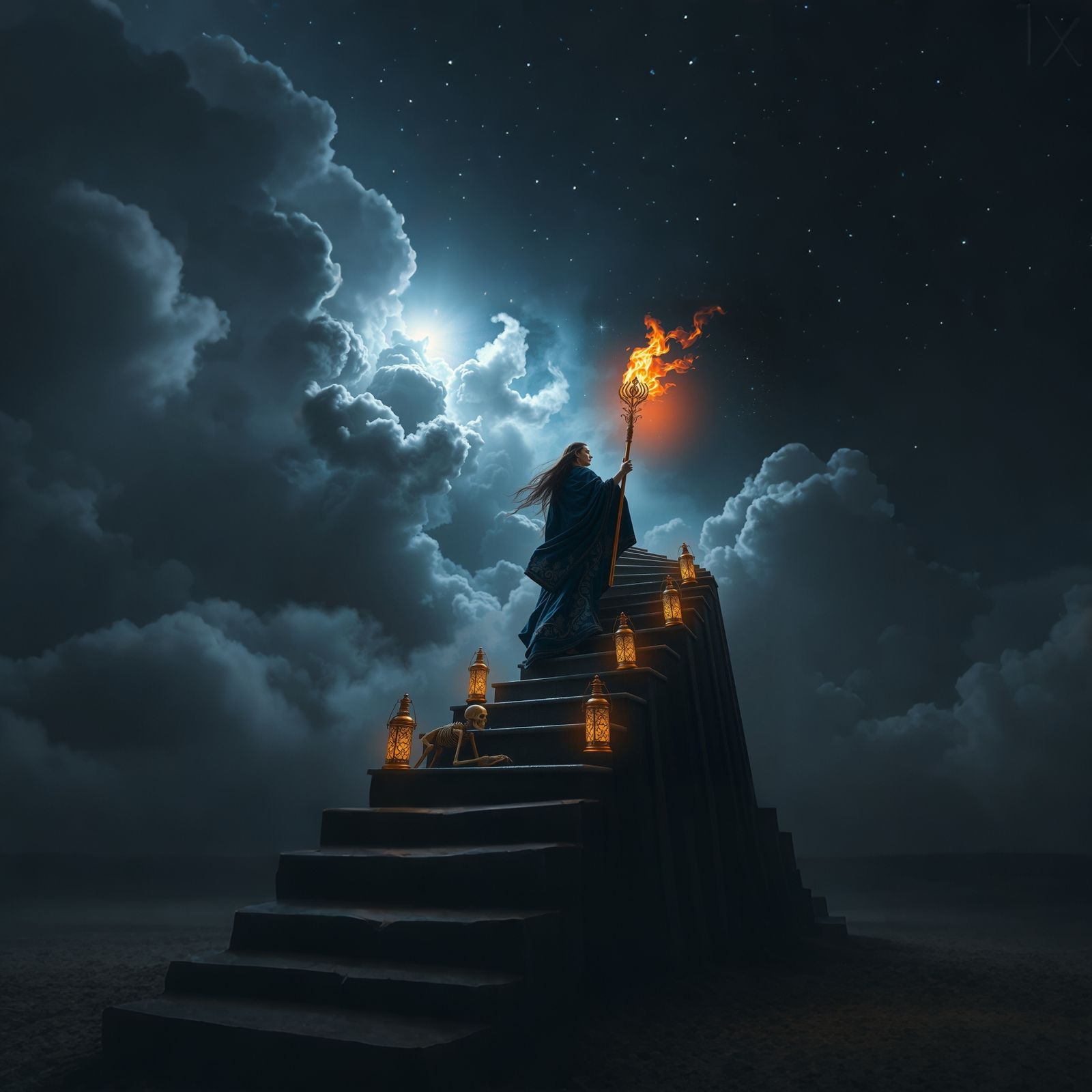 La figura sulle scale agita la fiaccola e illumina il cielo.