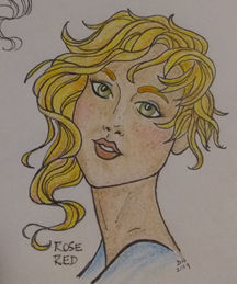 watercolor portrait of female druid with rose gold hair with red rose wreath in her hair in a saffron silk gown, in a woodland setting with...