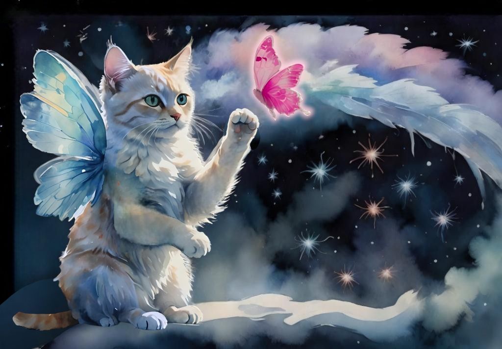 A watercolor art masterpiece of an adult solid very light blonde cat with angel wings standing on its back legs pawing playfully at a glowin...
