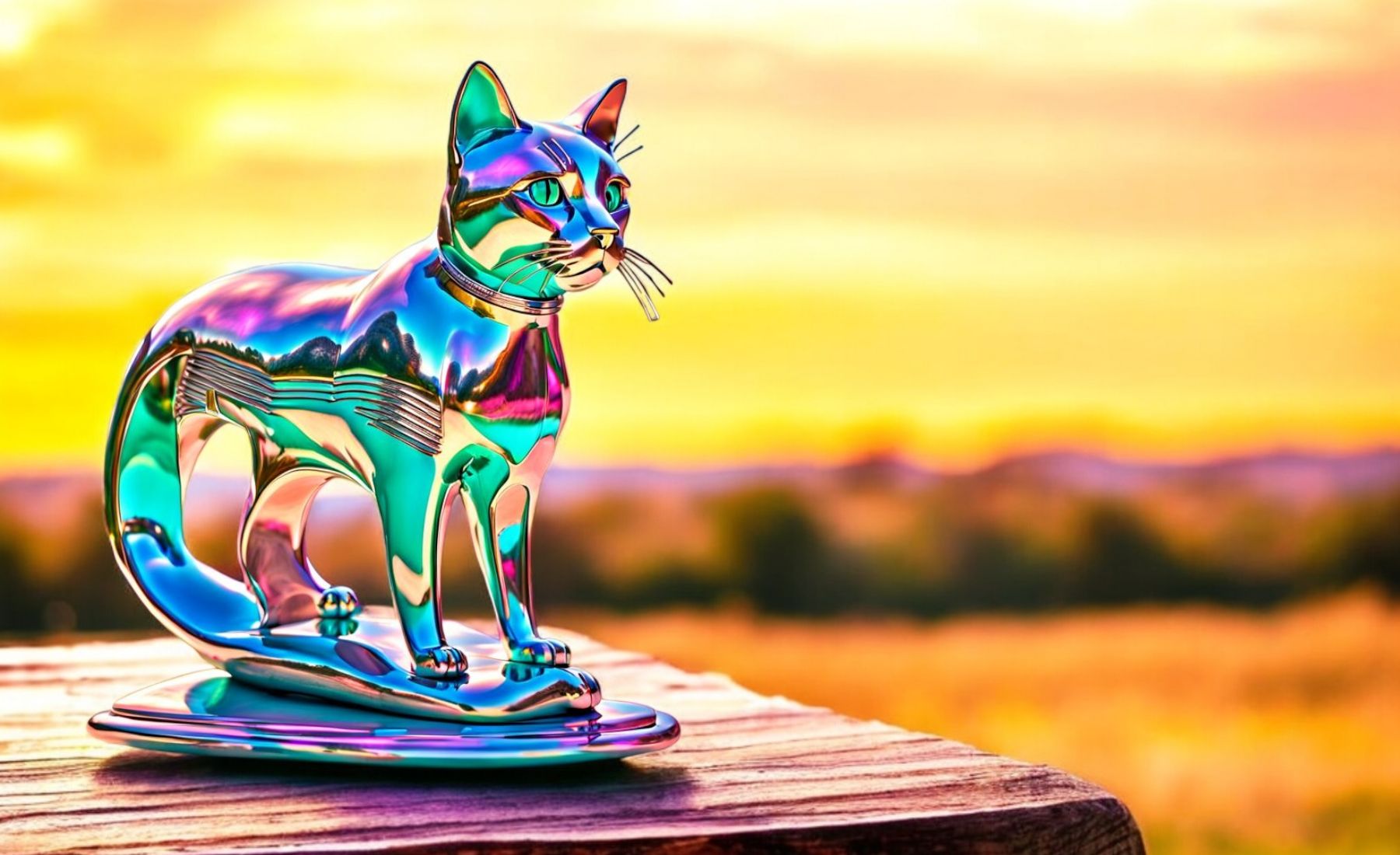 A solid light blonde cat with liquid metallic effects, hyper realistic, hyper detailed, on a sunshine background, digital airbrush masterpie...