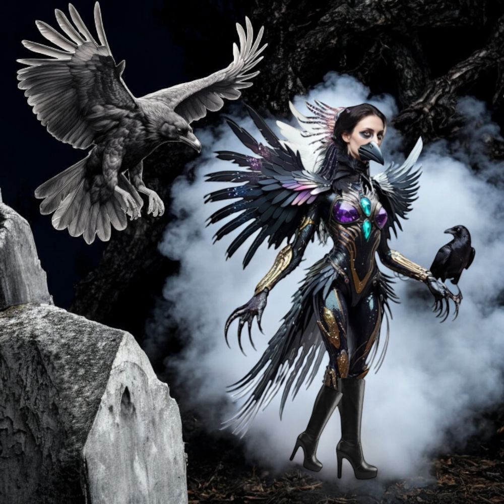 Watercolor art masterpiece faded at the border in shades of black, gray, and pastel pink. Beautiful Crow woman with Crow beak on her face, w...