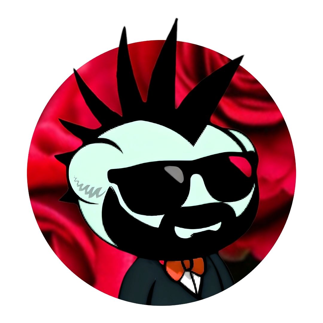 Stylize the cute cartoon character, a profile image of a smiling man, sticking out his tongue, with spiked black hair, a beard, black sungla...