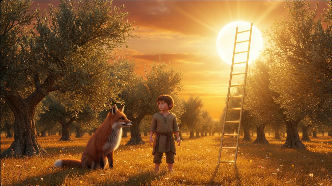 between the branches of the olive tree on the left we must a see a very small and very very pale full moon and a sun shining on the top of t...