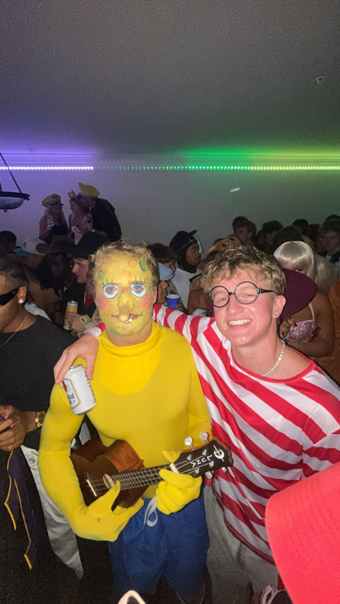 behind me and my friend add a lifelike Patrick star who looks like how he would look if he was real like human skin and very human looking a...