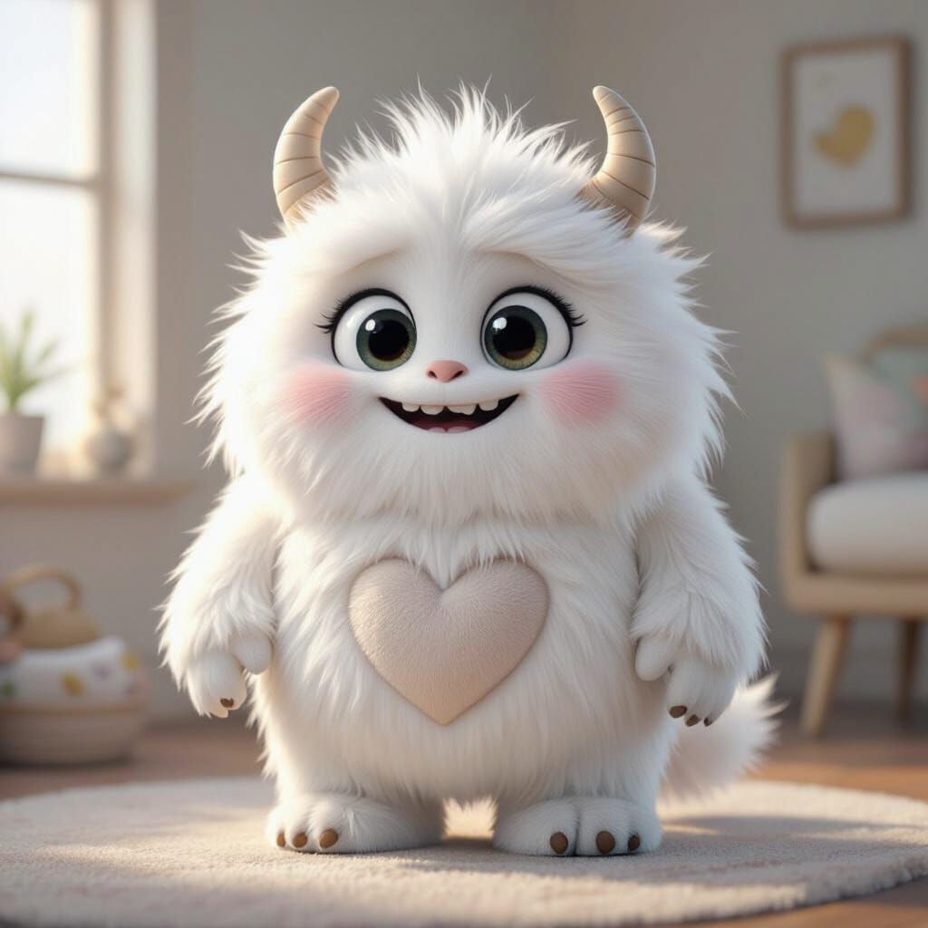10-second high-quality 3D animated short featuring the same friendly white furry monster (small-to-medium height, round ...