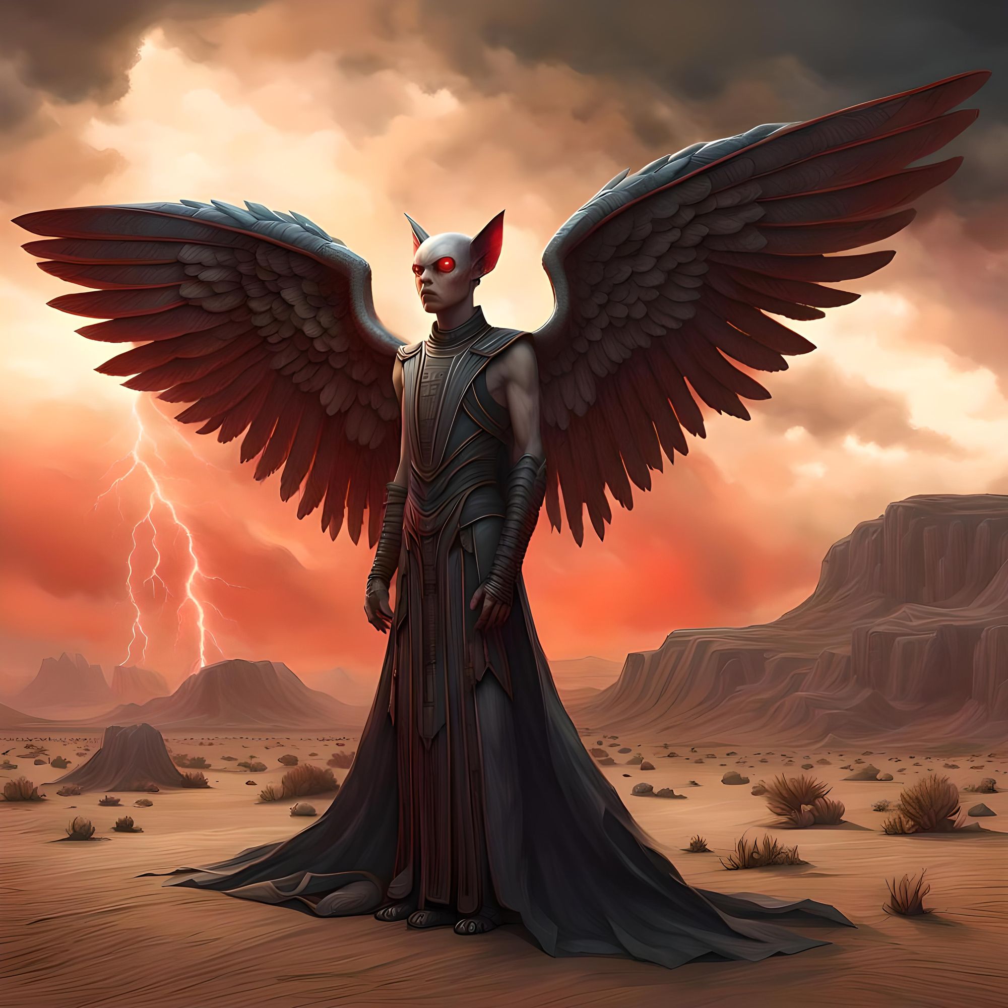 Post apocalyptic beautiful and alluring female supermodel bluish gray alien, standing up, 45 degree angle wings. Jupiter in the desert sky....