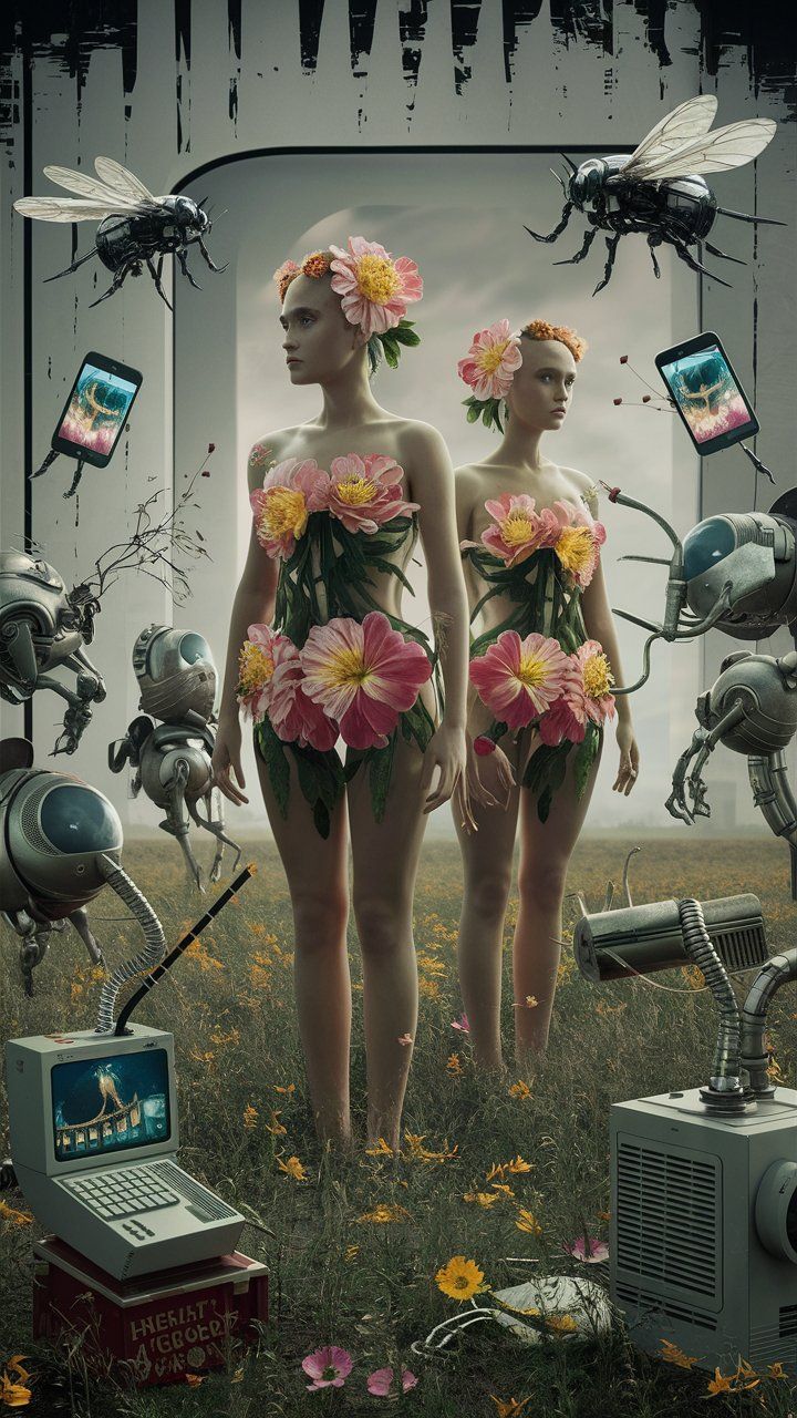 <lora:Splinter SD 1-5:1.0> A photorealistic and futuristic scene where "human-flower hybrids" are standing in a field, surrounded by an arra...