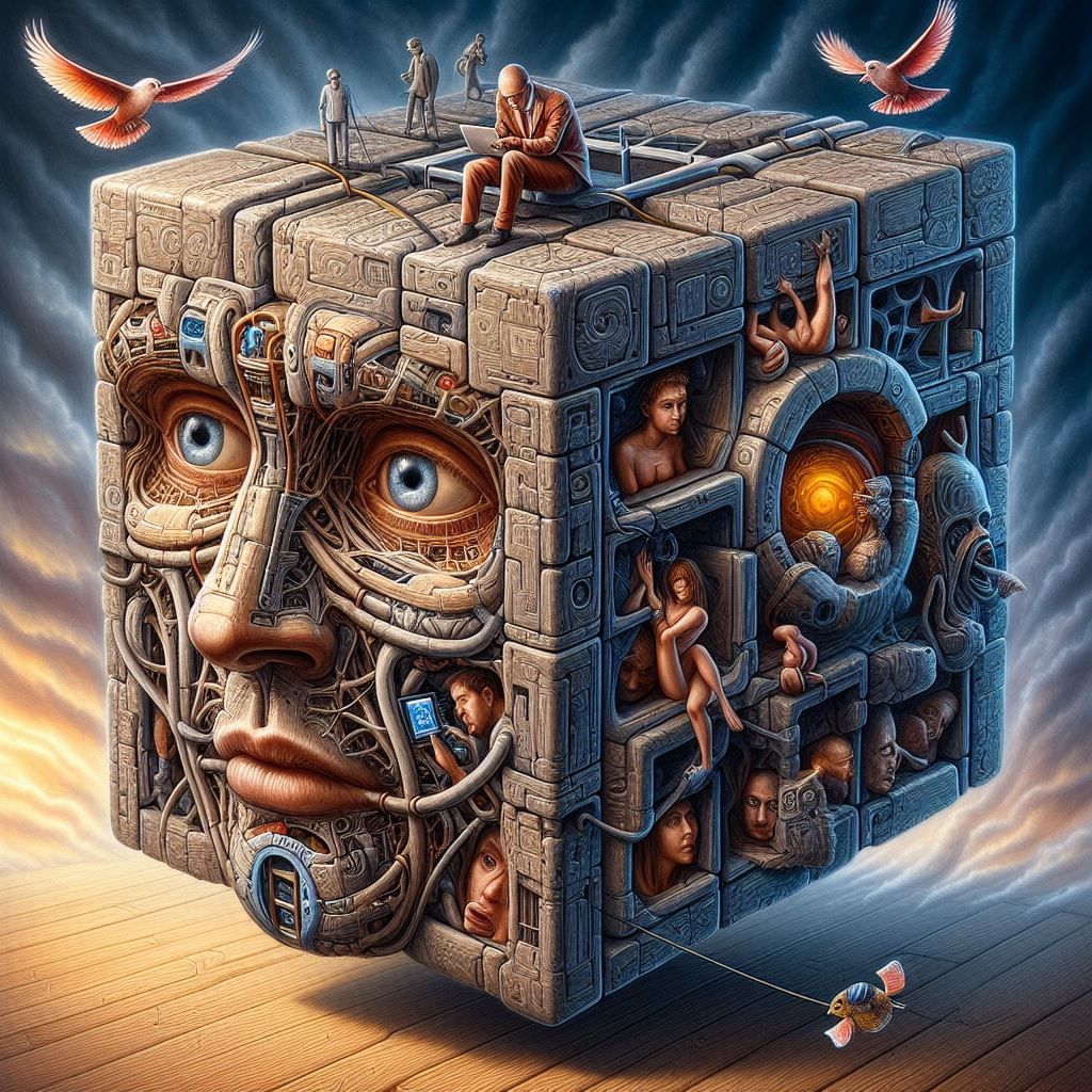 My Social life is trapped inside a cube, Surrealism Artwork by Daniel Merriam, Detailed, High Quality, High Definition