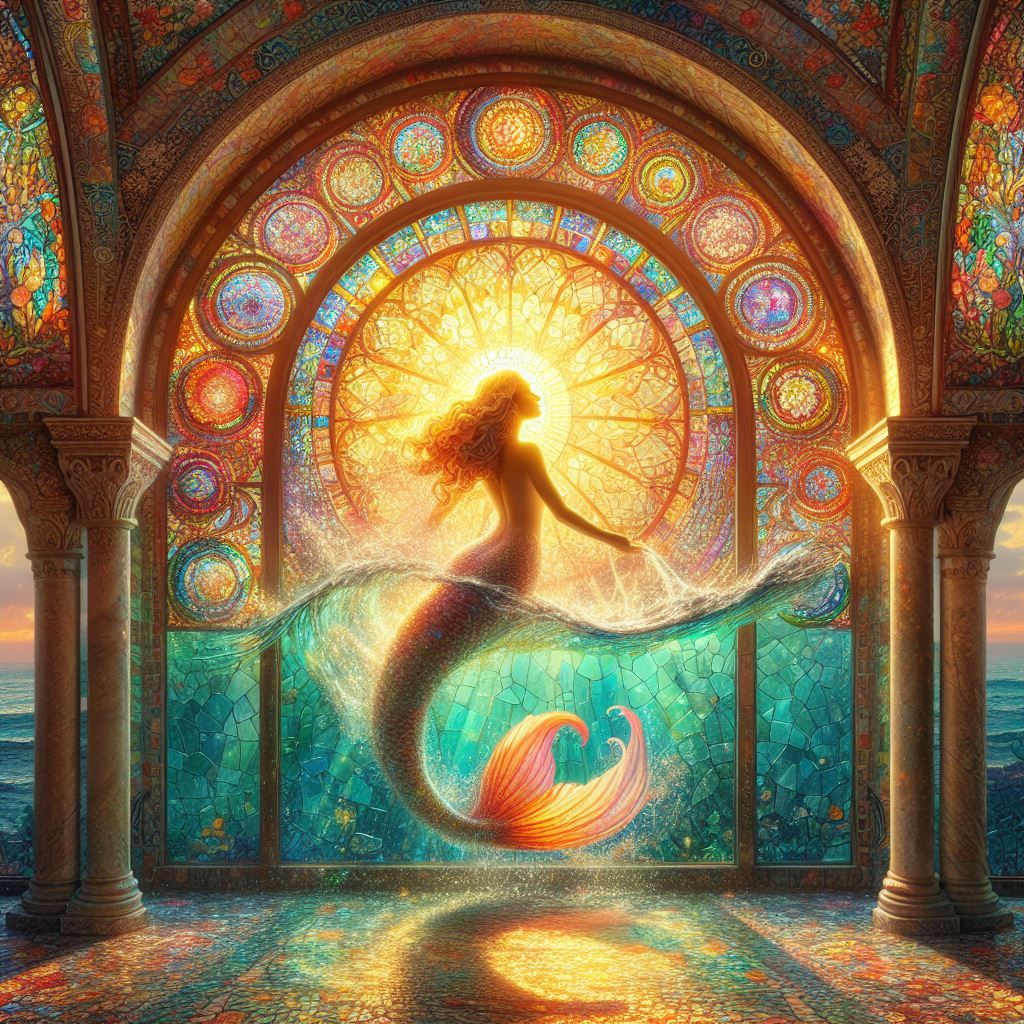 sunlight shining through an arched window of a mermaid washing, colourful glass, mosaic giant window, heavily detailed, Edwin Landseer, 8k s...