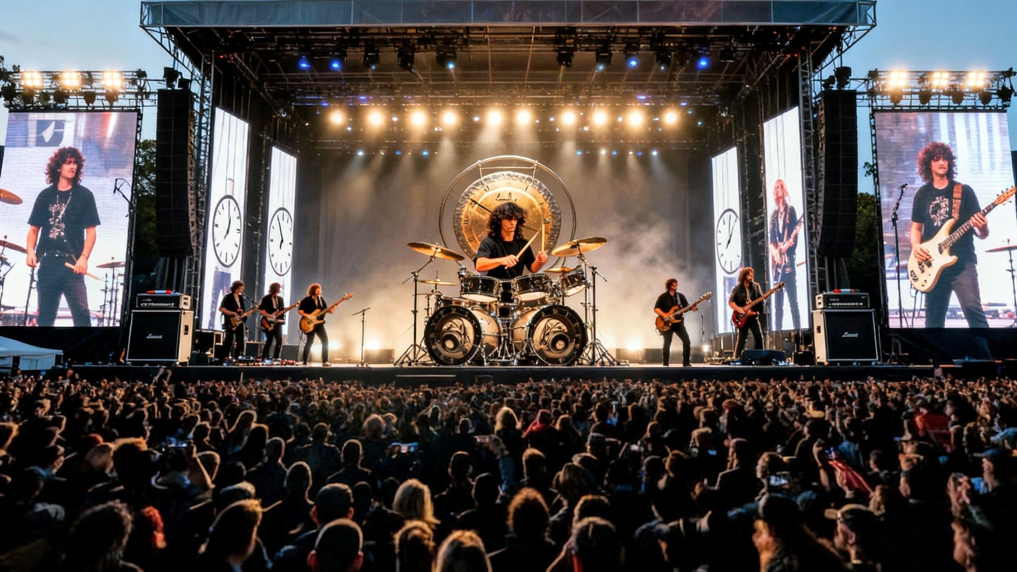 The characters from picture 2 play instruments and sing shark playing bass guitar on big stage with komplette band auf Konzert open air, hig... - Start Image 1