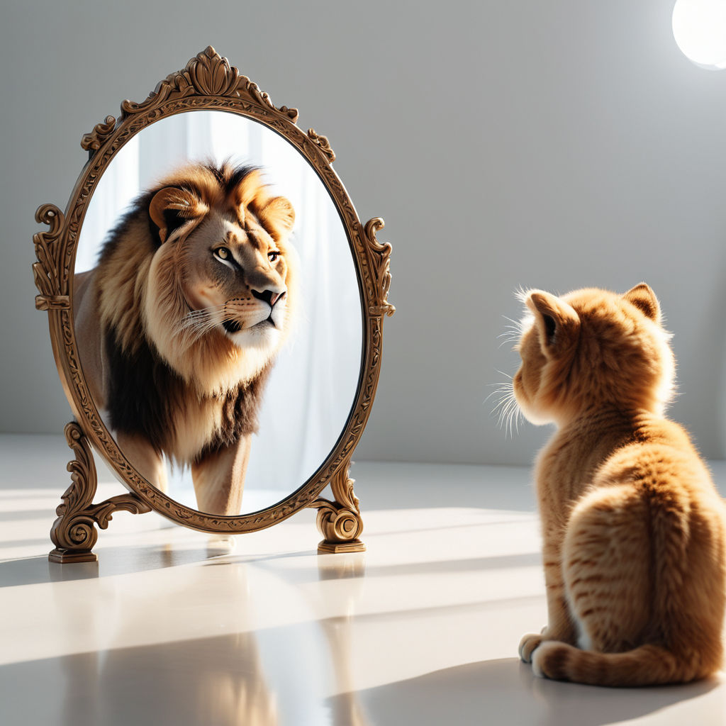Illustration, in white paper background. One line cat looking at a lion in a mirror