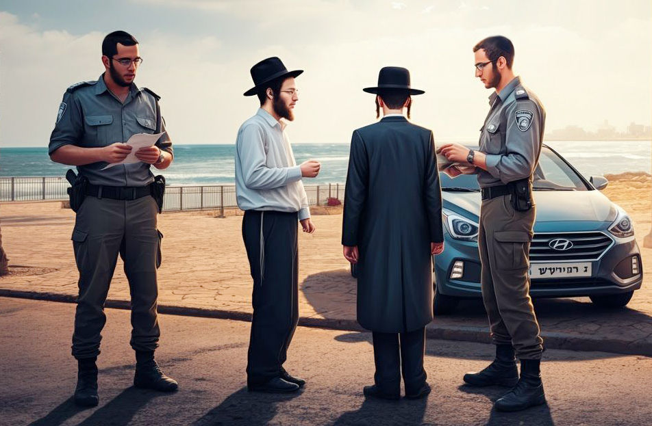 The two police officers make accusations, while the two citizens defend themselves with excuses.