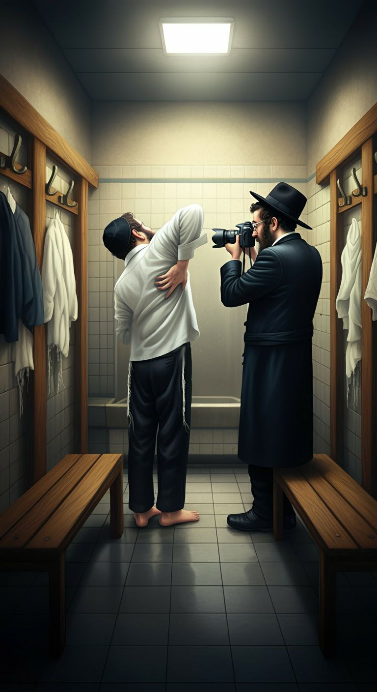 The guy on the left is scratching his back, while the guy on the right is giving him instructions on 'how to scratch' to look his best in th...