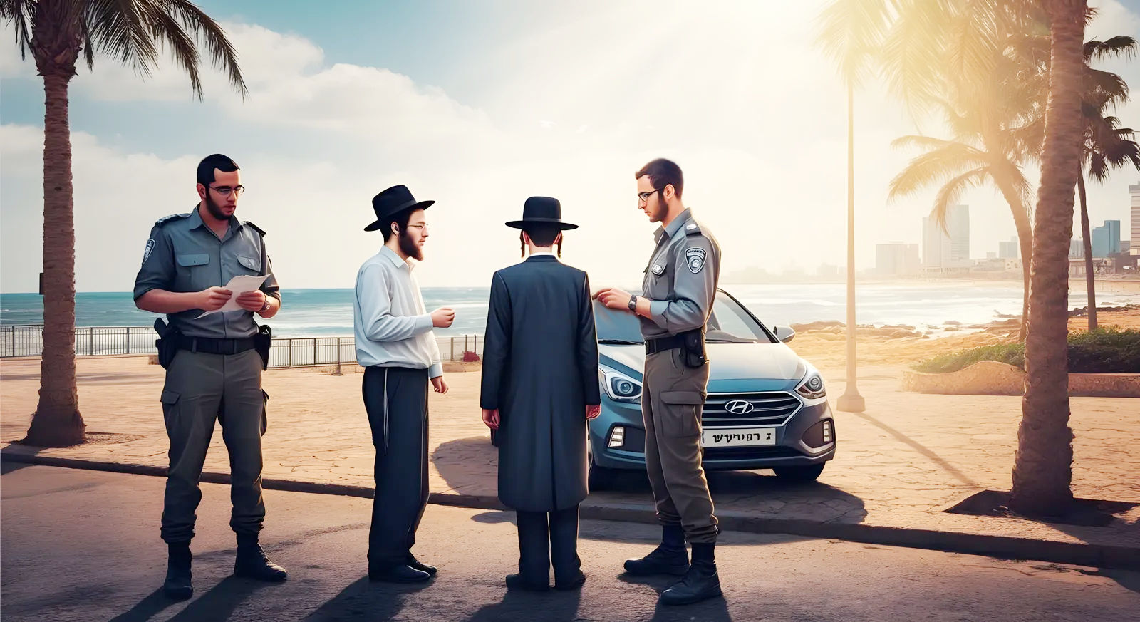 The two citizens in the middle sing a fast-paced, cheerful song and the policemen listen intently.