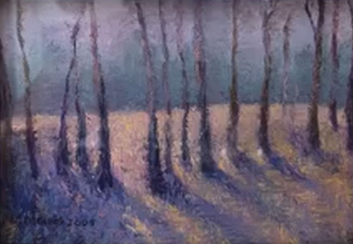 a painting of a field with trees