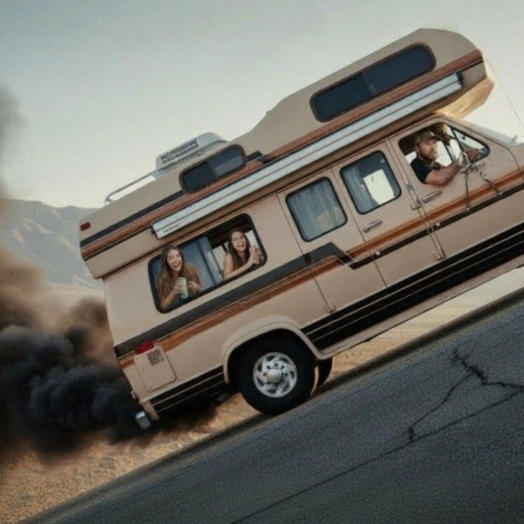 A variation of the scene with all new elements in a hyperrealistic photo. A similar style van driving up a steep hill with black fumes billo...