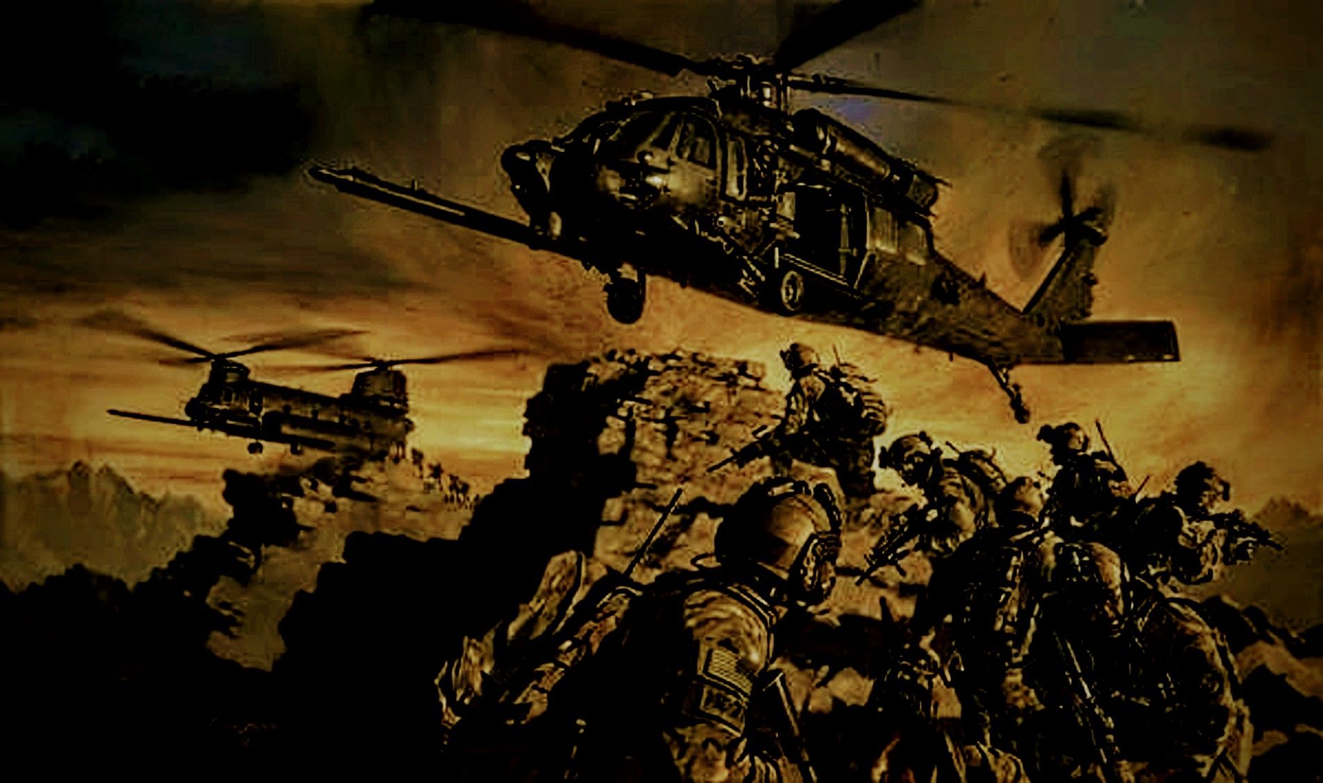 A dynamic military action painting depicts an intense combat scene with a central military helicopter hovering just above a rugged, rocky cl...