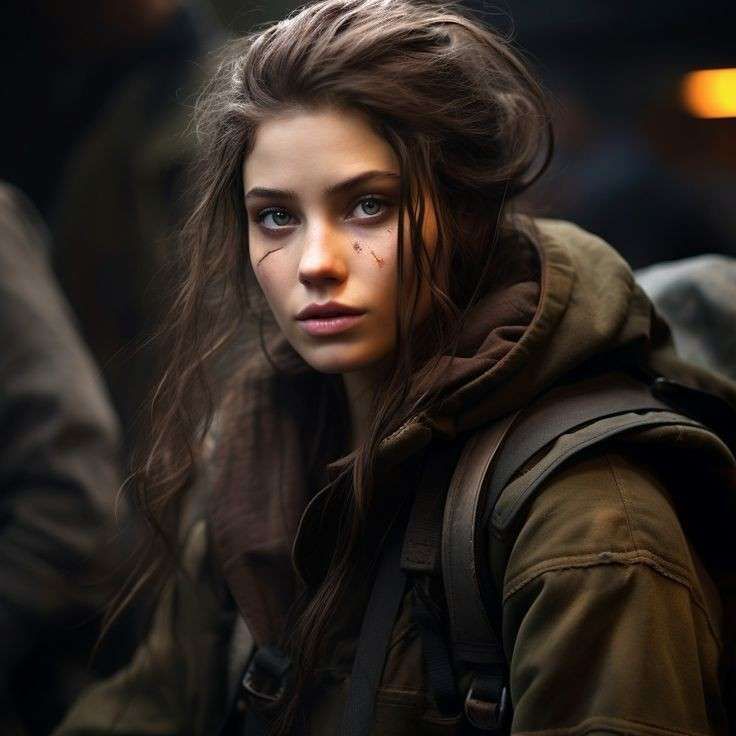 Beautiful young girl. (Round facial features:1.3). Hazel eye colour:1.5). Sand-skin tone. (Middle-length brunette flowy hair with a ponytail...