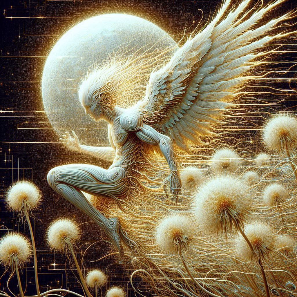 A serene and elegant angel with delicate, luminous skin and intricately detailed features, gazing upward with piercing blue eyes and subtle,...