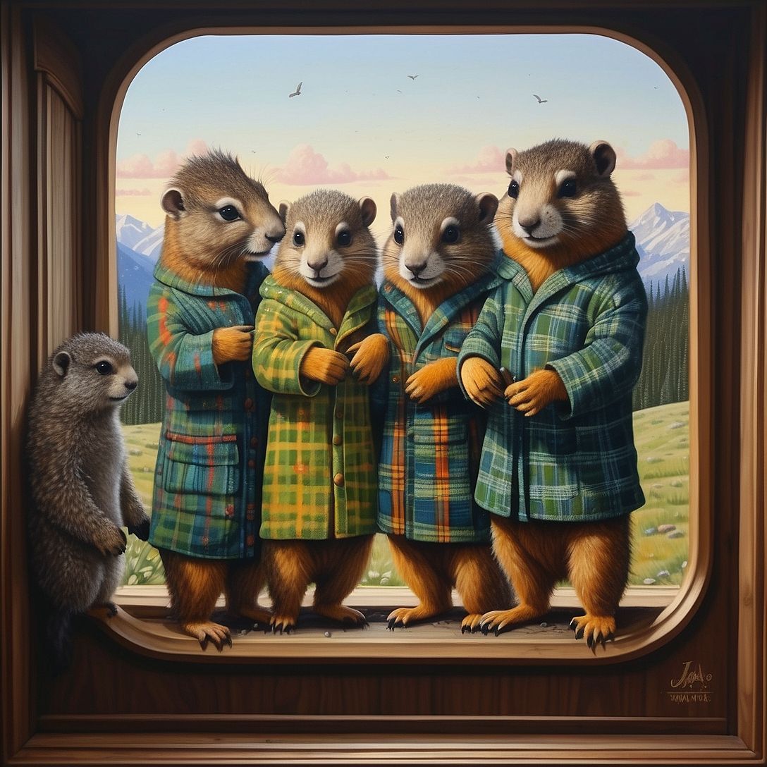 ((Pointillism dot painting)) of marmots in plaid pyjamas