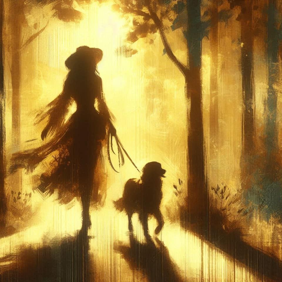 A lovely 3d papercut display of a woman walking a dog, rich saturated autumn colors, volumetric lighting, HDR, sunset