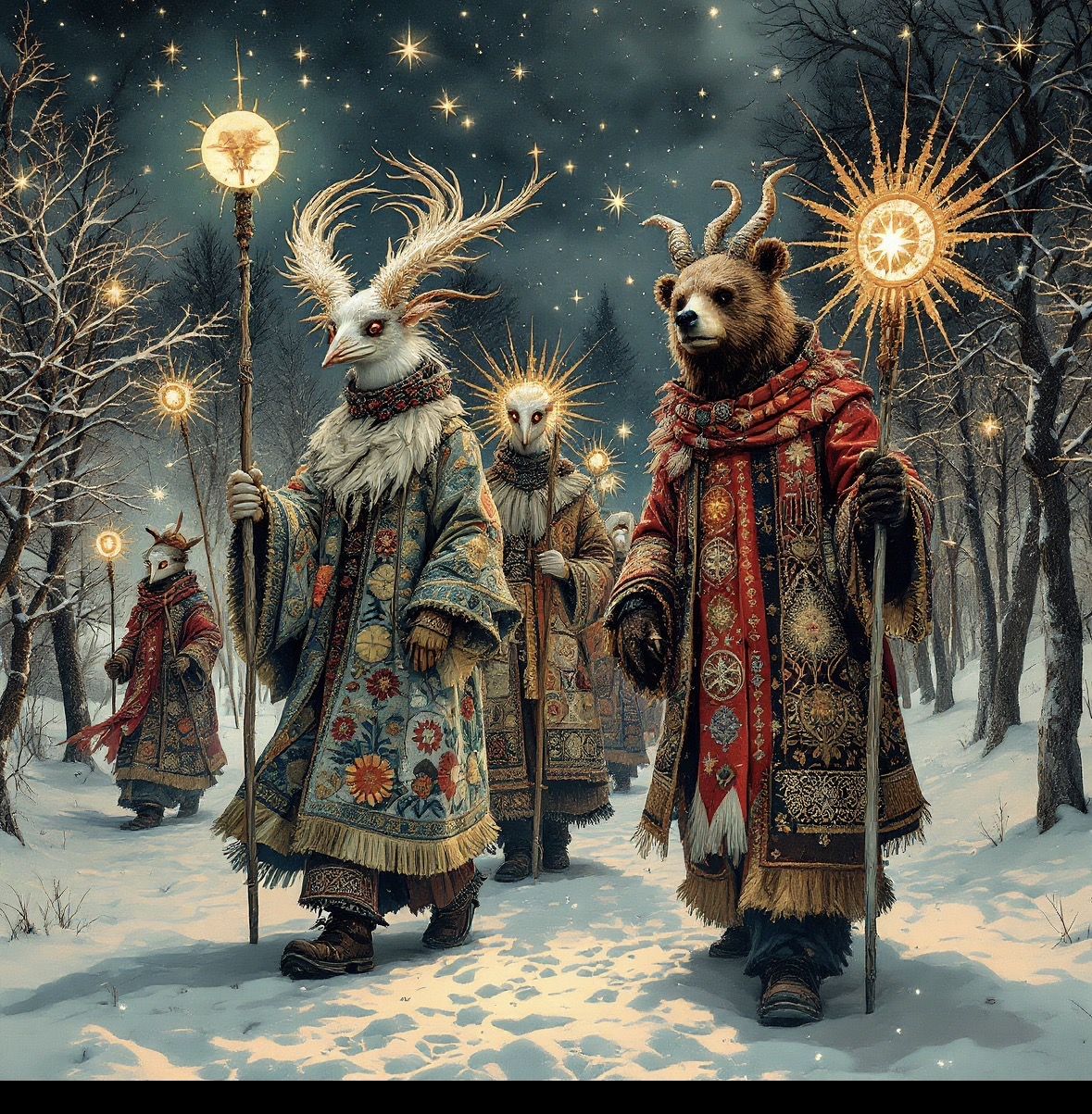 Kalyady elaborate winter solstice rites procession in intricate masks of Crane ,Stork , Goat and Bear dressed in East Sl...