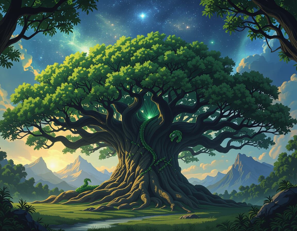 Au dessus d'une clairière au sein d'une forêt ancienne, un Arbre absolument colossal ! Il est plus grand que des montagnes ! Il semble attei...