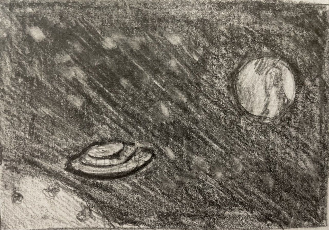 A flying saucer in space. A meteor shower is flying towards the flying saucer on the right. In the background, the Earth